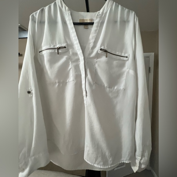 White, Michael Kors long-sleeve sheer blouse with zipper pockets. - Picture 2 of 5